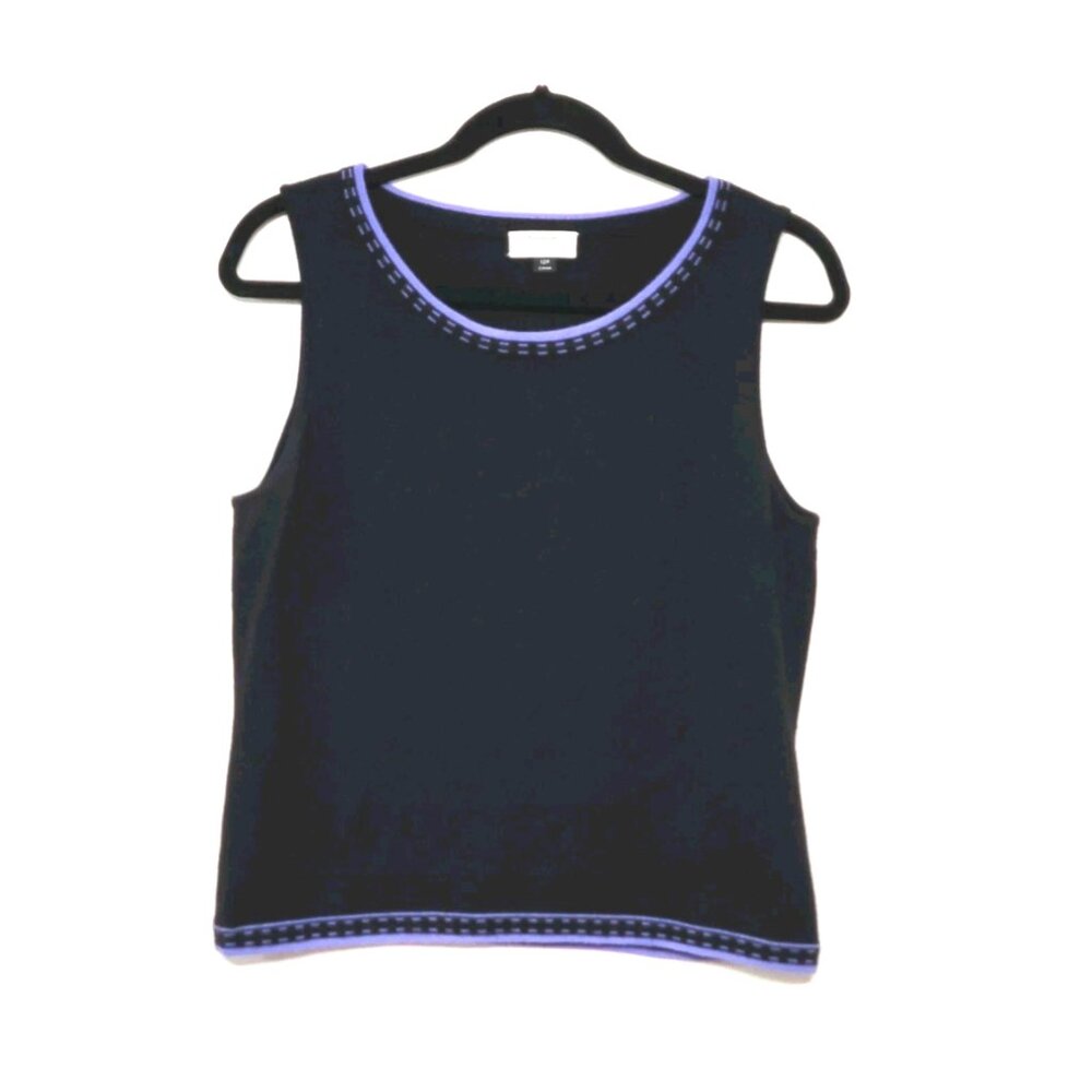 Tahari Black Wool Knit 10P Tank Top Purple Trim Capsule Minimalist Preppy Luxury